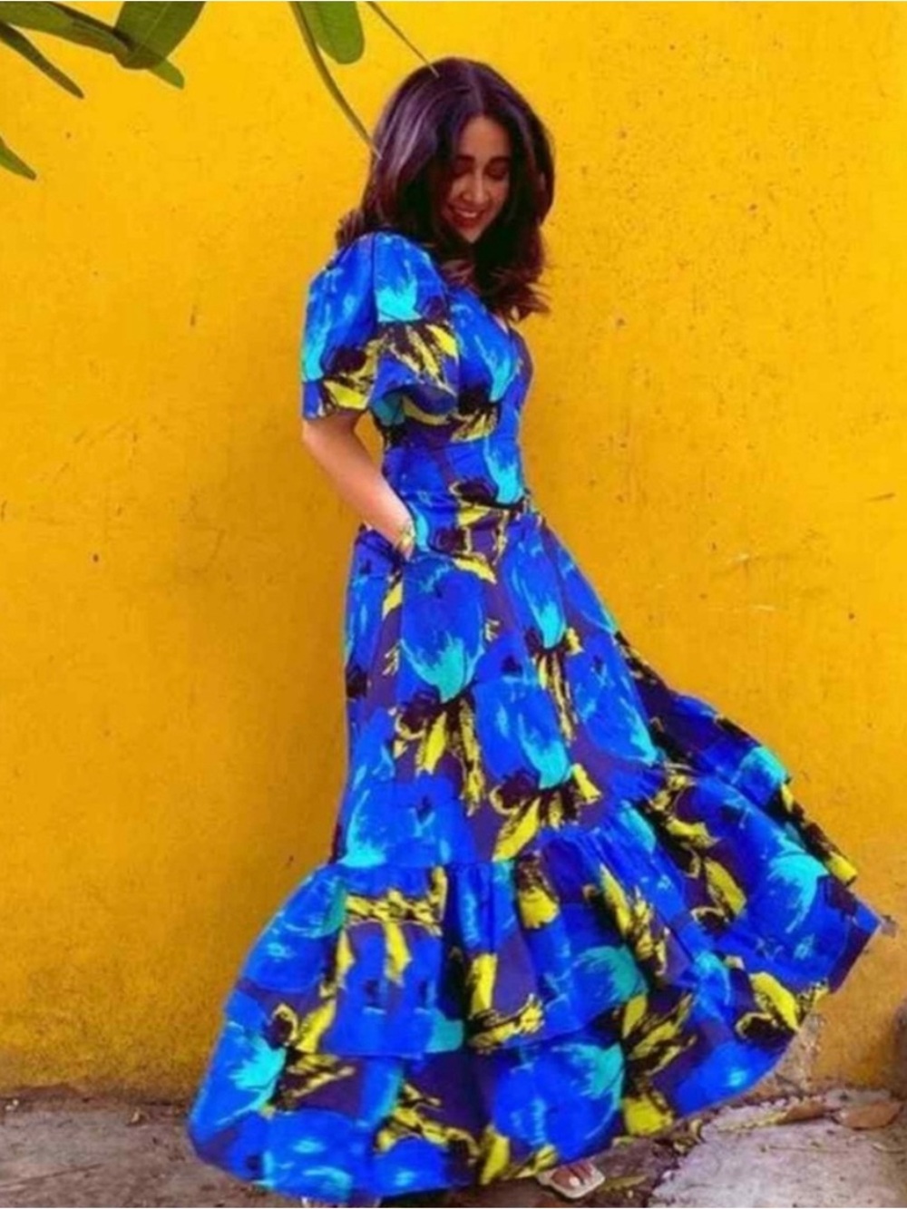 Christopher John Rogers Blue Floral Tiered Maxi Dress with Yellow Accents Cotton